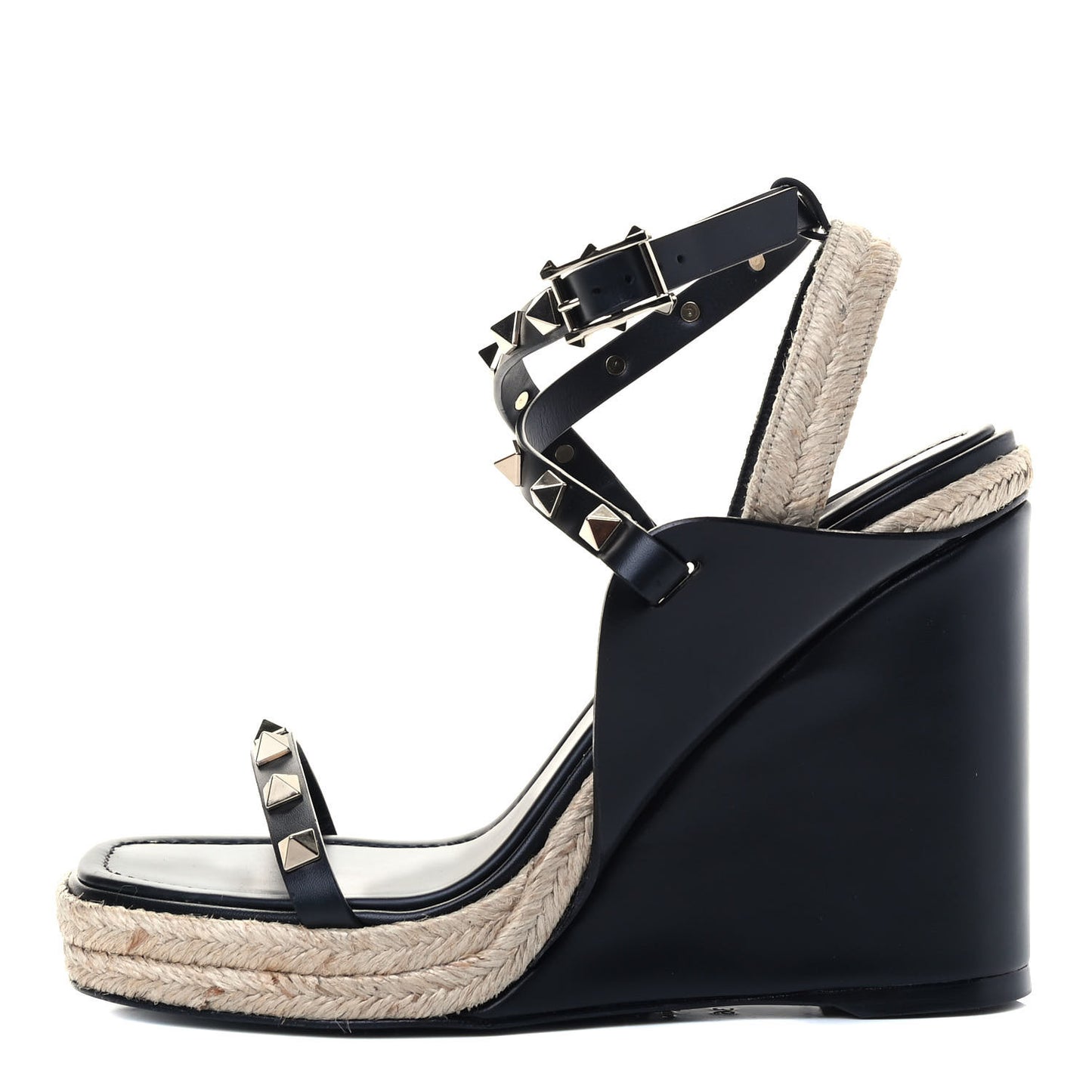 Calfskin Rockstud Ankle Strap Espadrille 20/110mm Wedge Sandals 36 Black