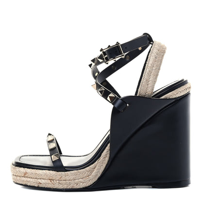Valentino Garavani Calfskin Rockstud Ankle Strap Espadrille 20/110mm Wedge Sandals 36 Black 1 of 5