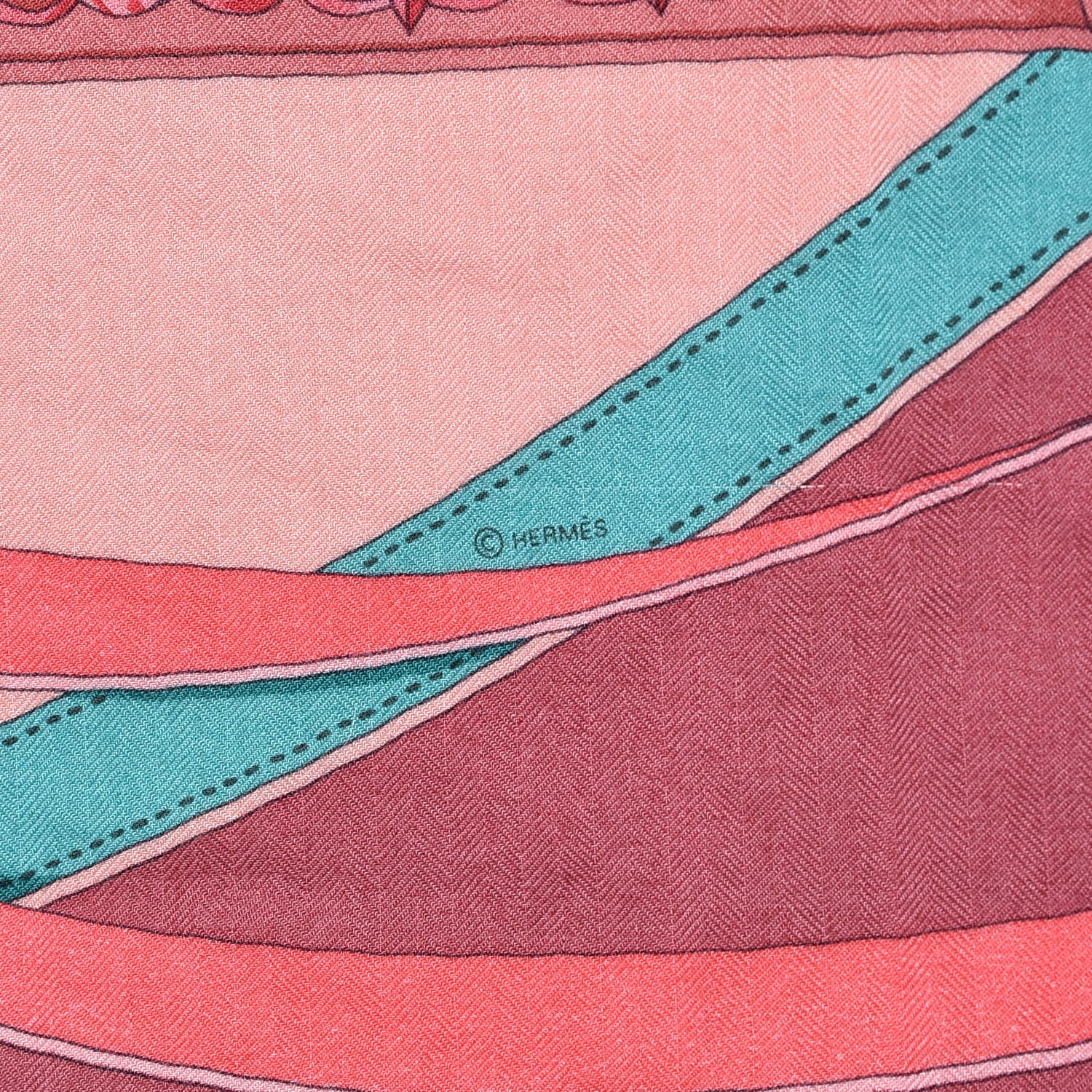 Hermes Cashmere Silk La Promenade Du Matin Shawl 140 Coral Menthol Vieux Rose 3 of 6