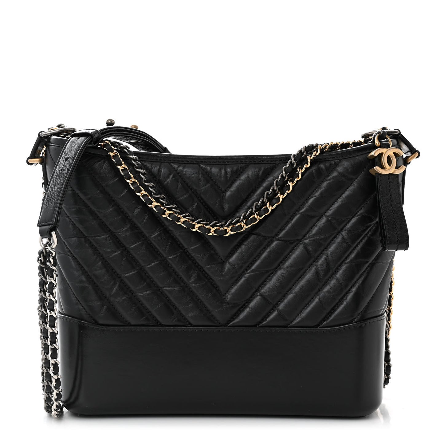 Aged Calfskin Chevron Quilted Medium Gabrielle Hobo Black