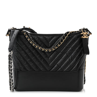Chanel Aged Calfskin Chevron Quilted Medium Gabrielle Hobo Black 1 of 12