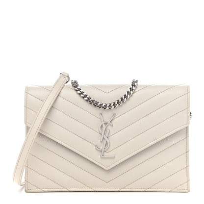 Saint Laurent Grain De Poudre Matelasse Chevron Monogram Envelope Chain Wallet Optical White 1 of 9