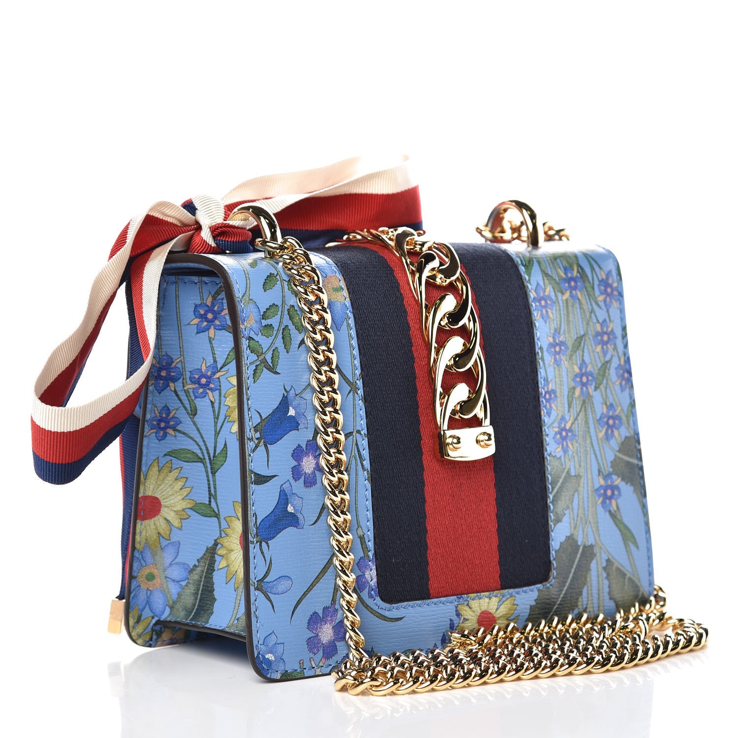 Gucci Shangai Calfskin Web New Flora Mini Sylvie Chain Shoulder Bag Azure 3 of 9