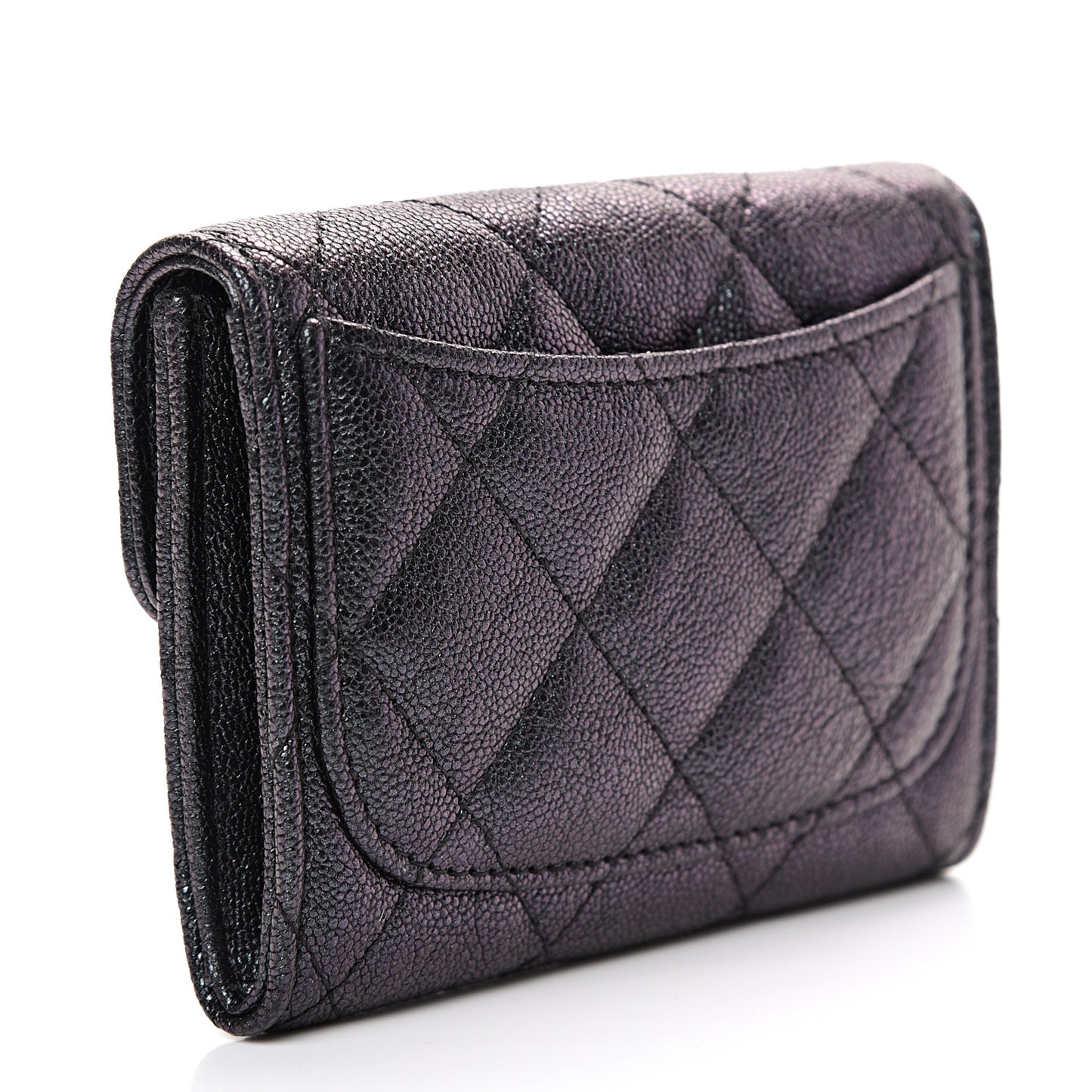 Iridescent Caviar Quilted Flap Card Holder Wallet Black