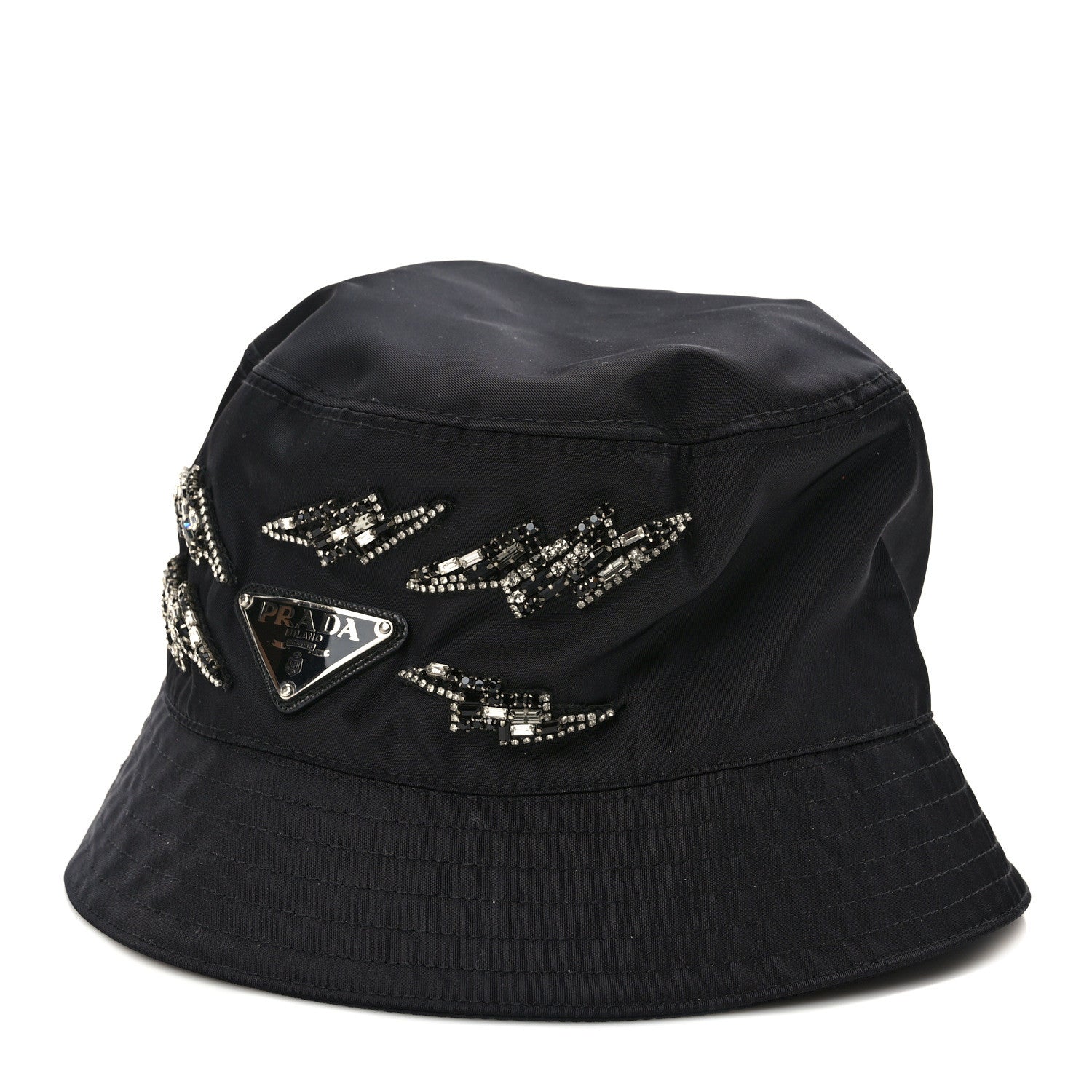 Prada Nylon Crystal Metal Triangle Logo Lightning Bucket Hat M Black 1 of 8