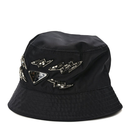 Prada Nylon Crystal Metal Triangle Logo Lightning Bucket Hat M Black 1 of 8
