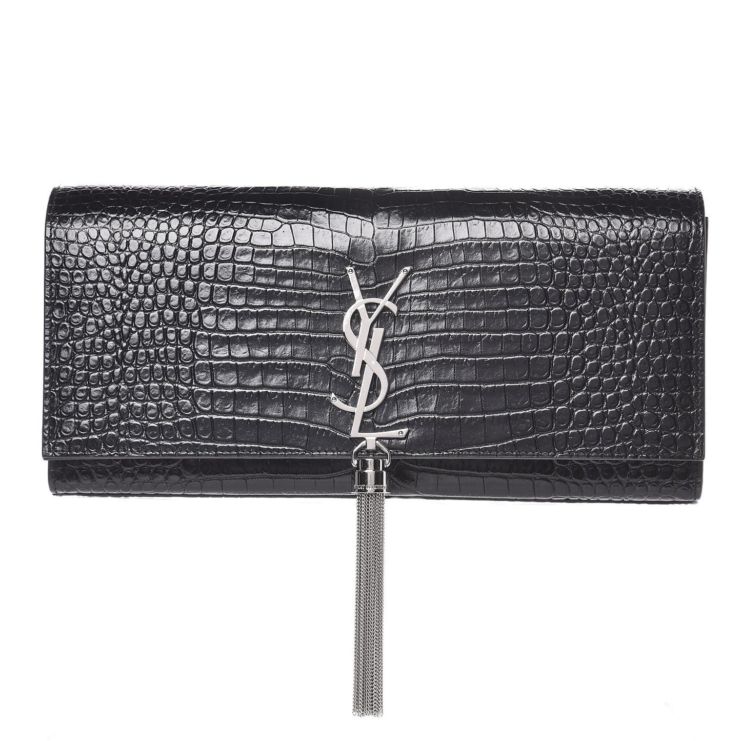 Calfskin Crocodile Embossed Classic Monogram Tassel Clutch Black