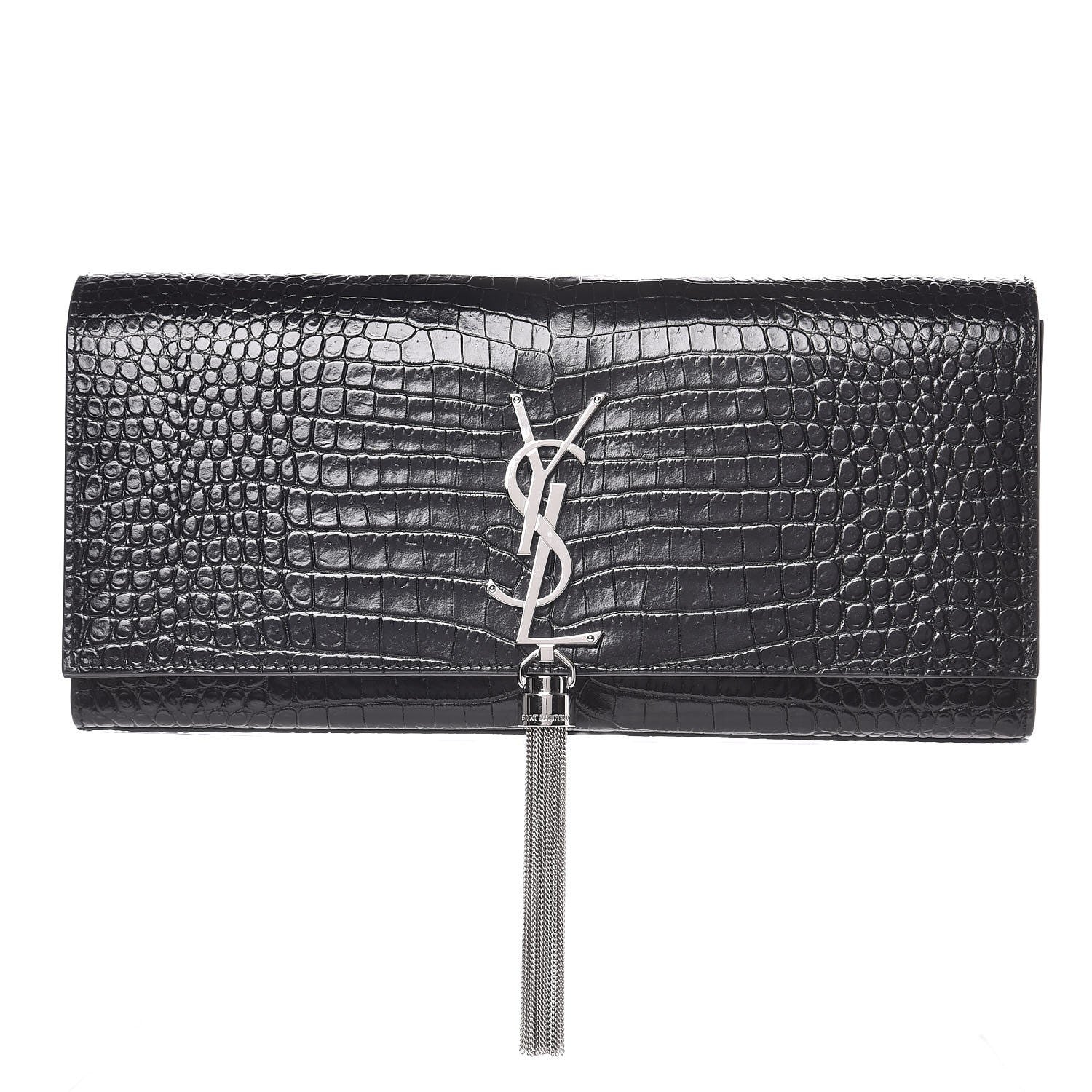 Saint Laurent Calfskin Crocodile Embossed Classic Monogram Tassel Clutch Black 1 of 7