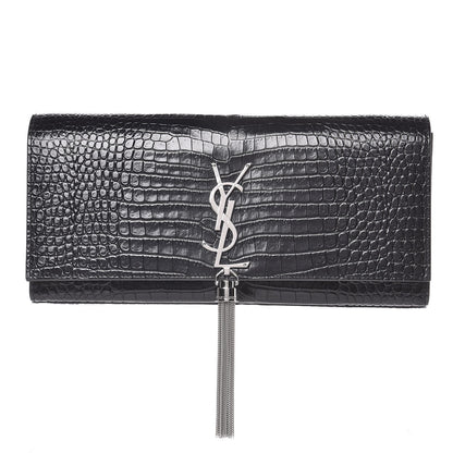 Saint Laurent Calfskin Crocodile Embossed Classic Monogram Tassel Clutch Black 1 of 7