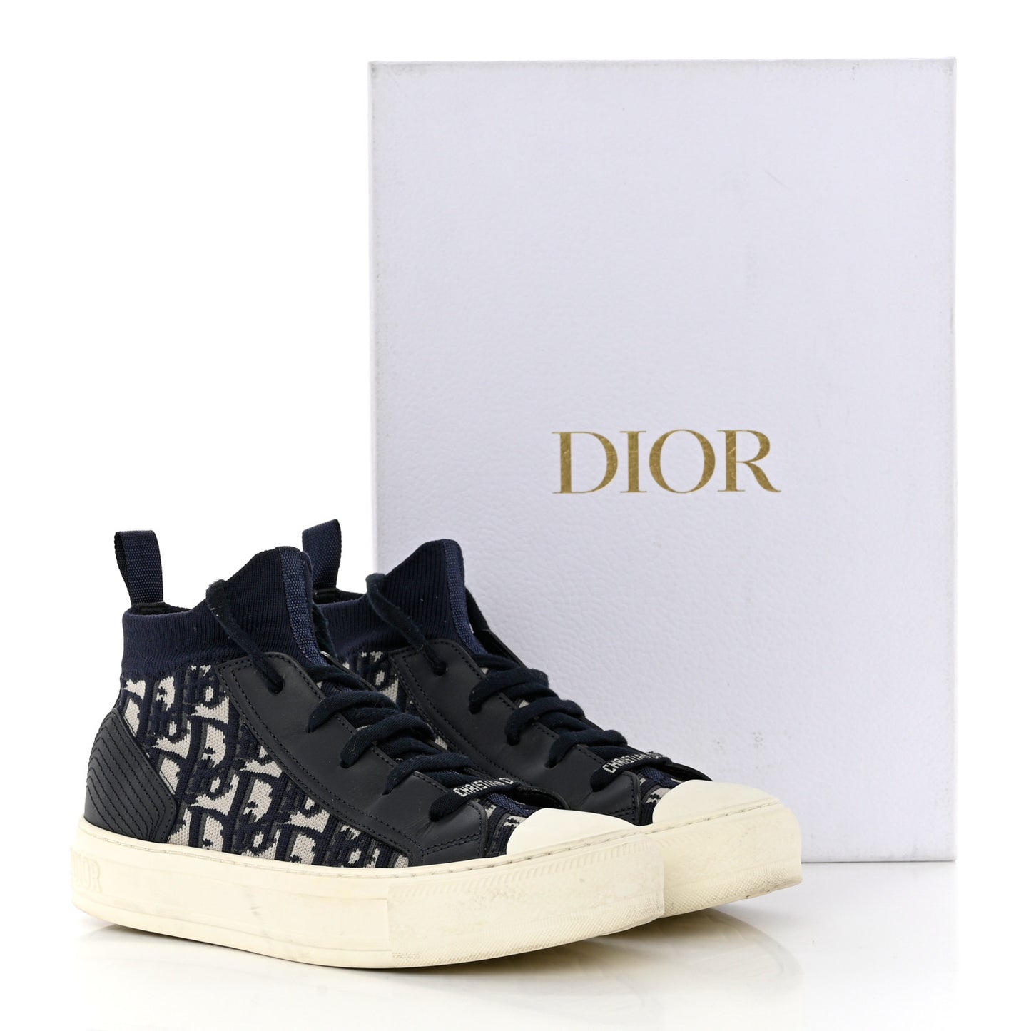 Technical Knit Calfskin Oblique Womens Walk'n Dior Mid Top Sneakers 35 Deep Blue