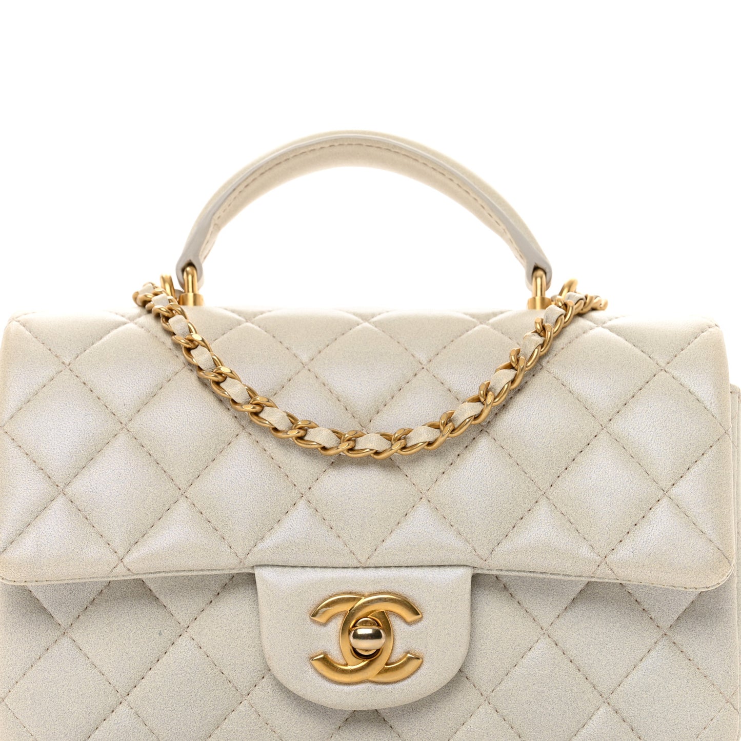 Iridescent Lambskin Quilted Mini Top Handle Rectangular Flap White