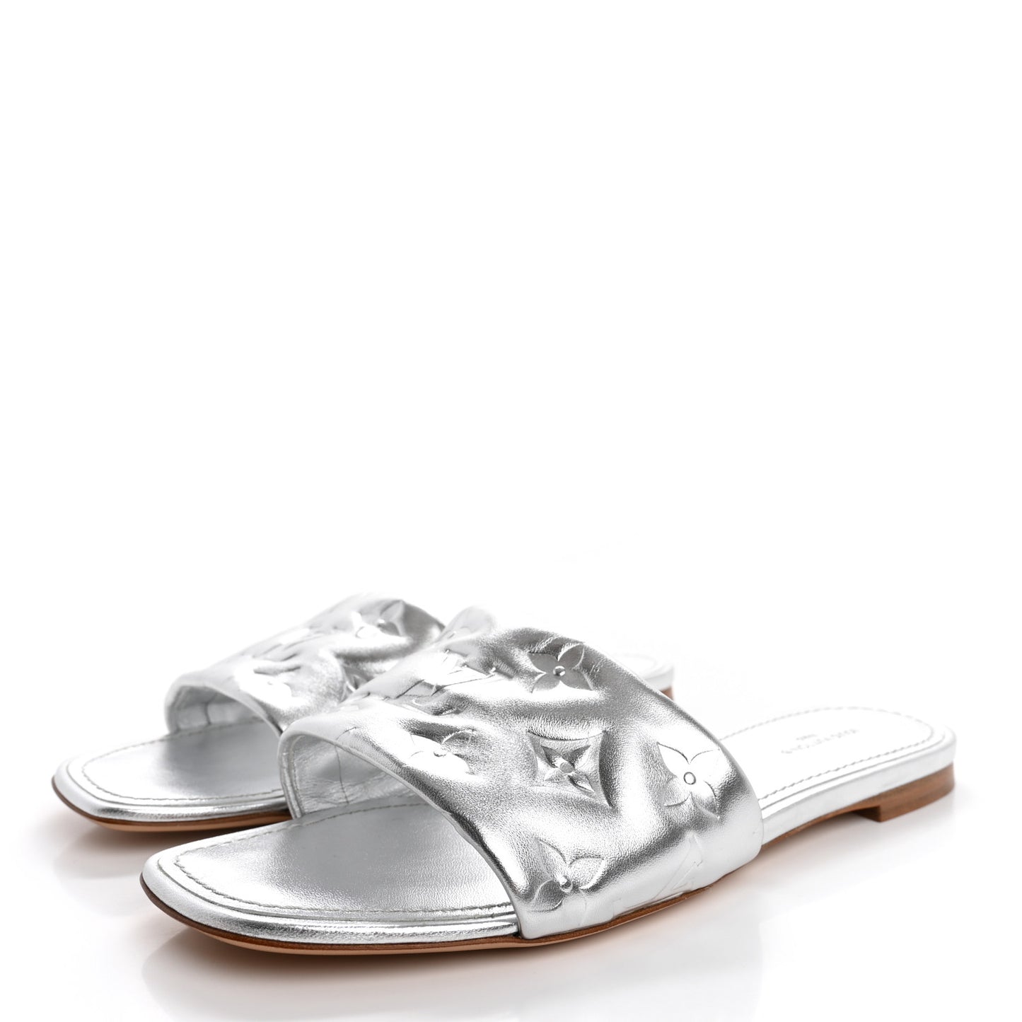 Metallic Lambskin Embossed Monogram Revival Flat Mules 38 Silver