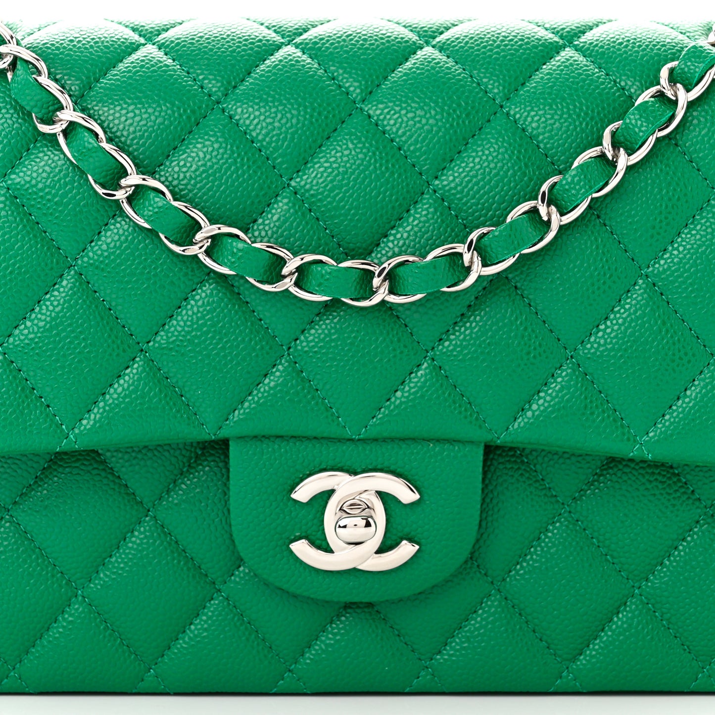 Caviar Quilted Medium Double Flap Green