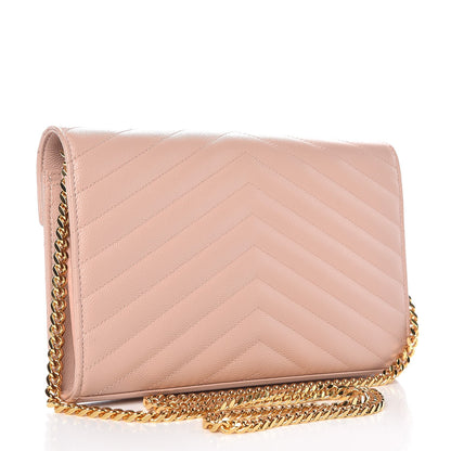 Saint Laurent Grain De Poudre Matelasse Chevron Monogram Chain Wallet Pale Pink 3 of 7