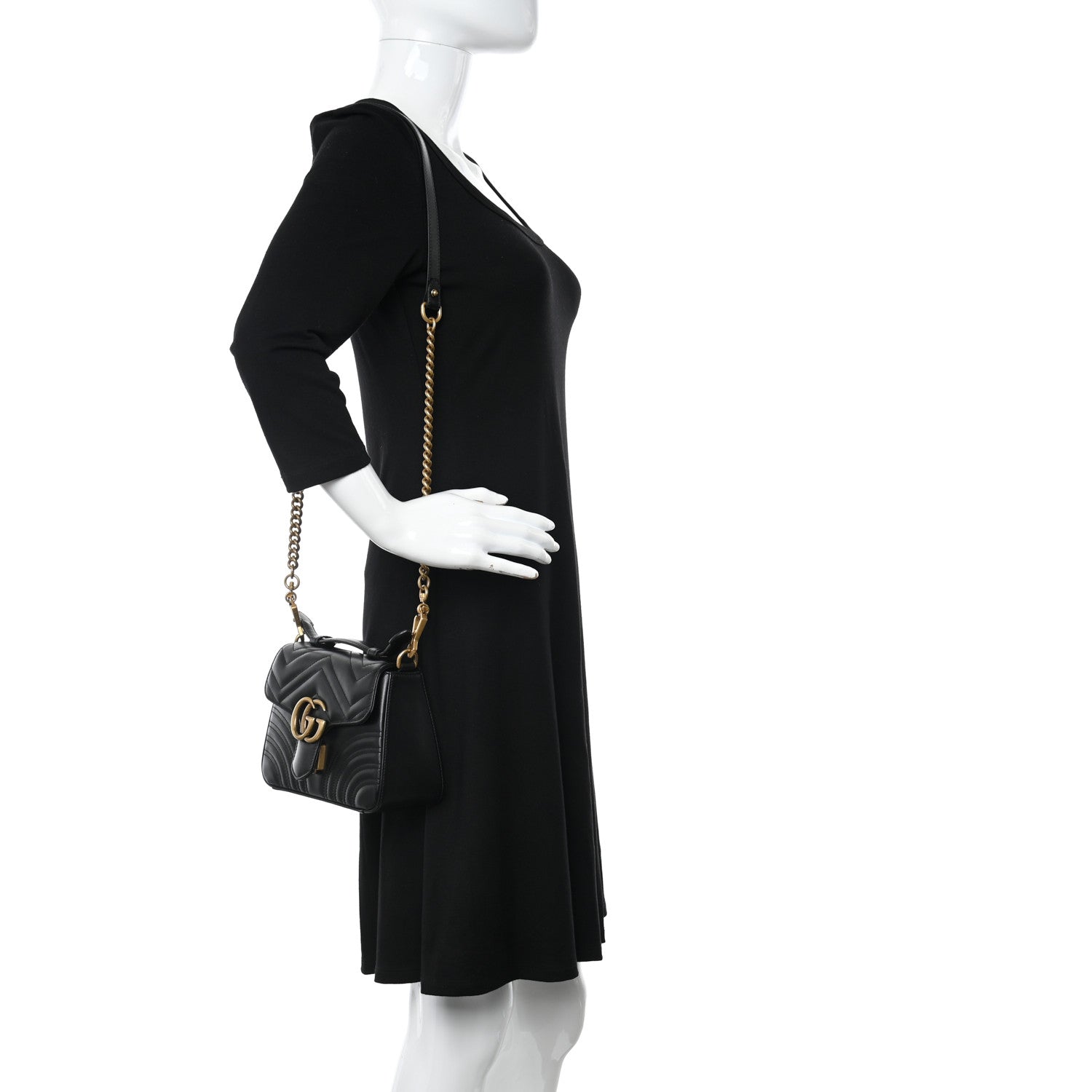 Gucci Calfskin Matelasse Mini GG Marmont Top Handle Shoulder Bag Black 2 of 11