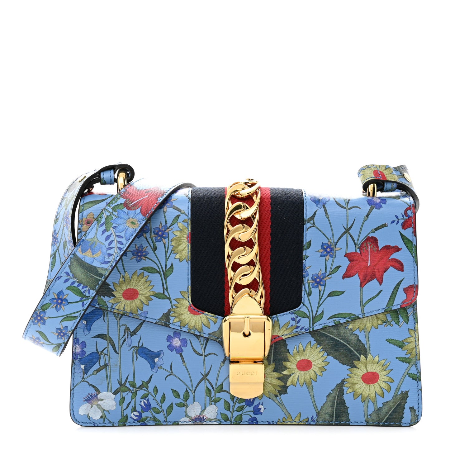 Shangai Calfskin Web New Flora Small Sylvie Shoulder Bag Azure