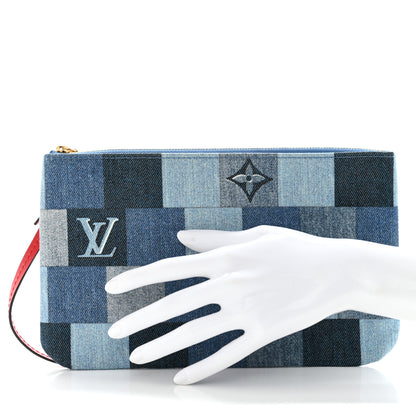 Louis Vuitton Denim Damier Monogram Patchwork Neverfull MM Pochette Blue Rouge 2 of 6