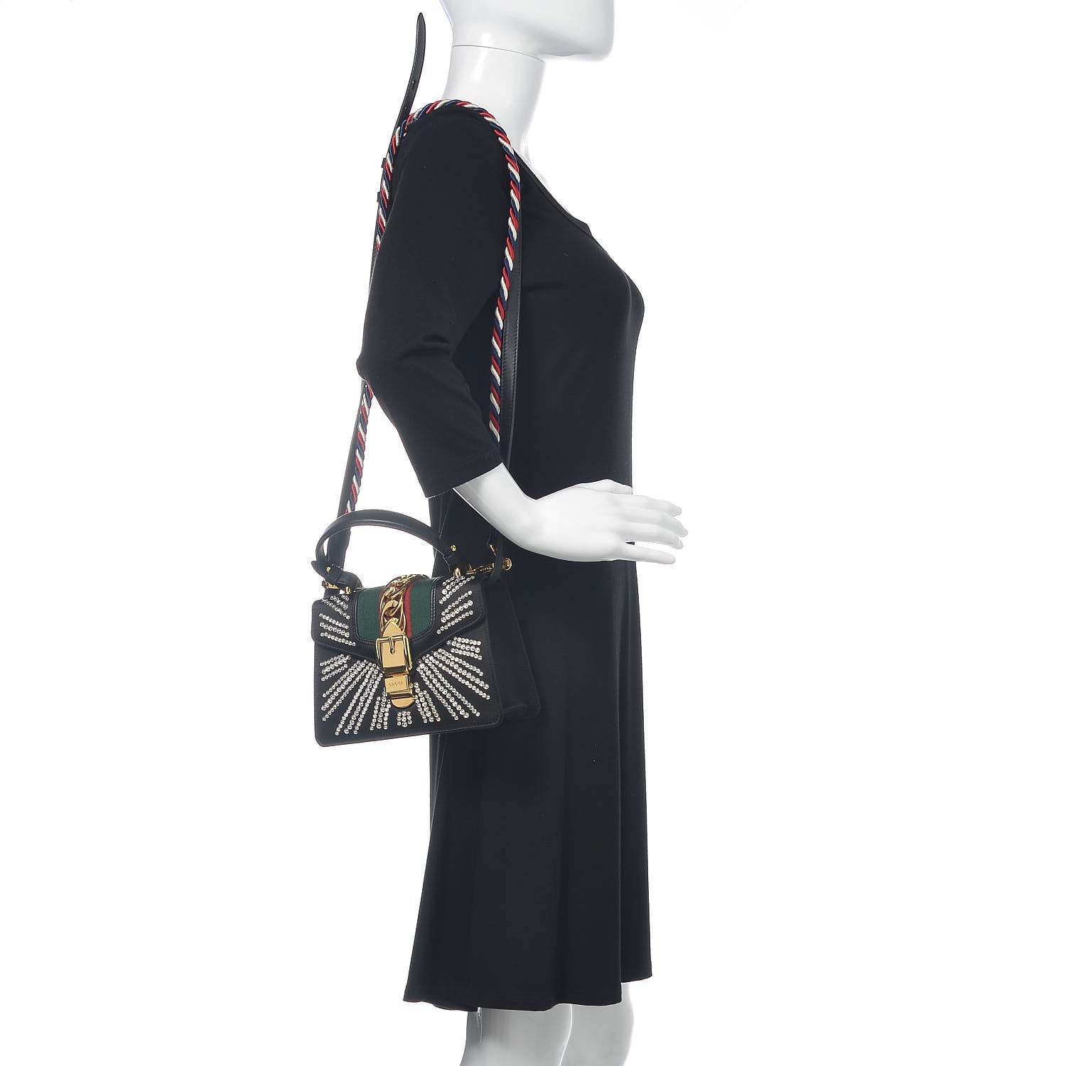 Gucci Satin Crystal Mini Sylvie Top Handle Bag Black 2 of 9