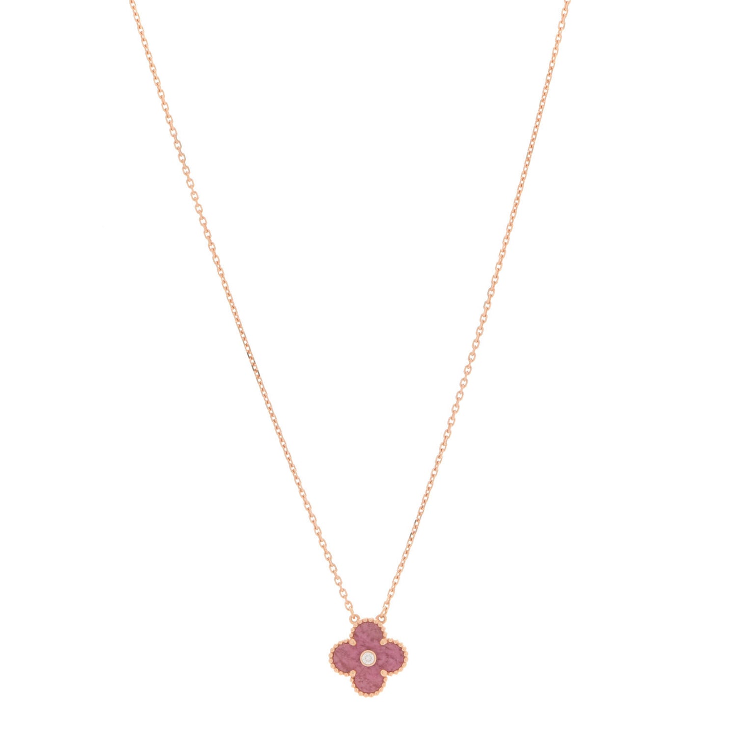 18K Rose Gold Diamond Rhodonite Vintage Alhambra Pendant Necklace