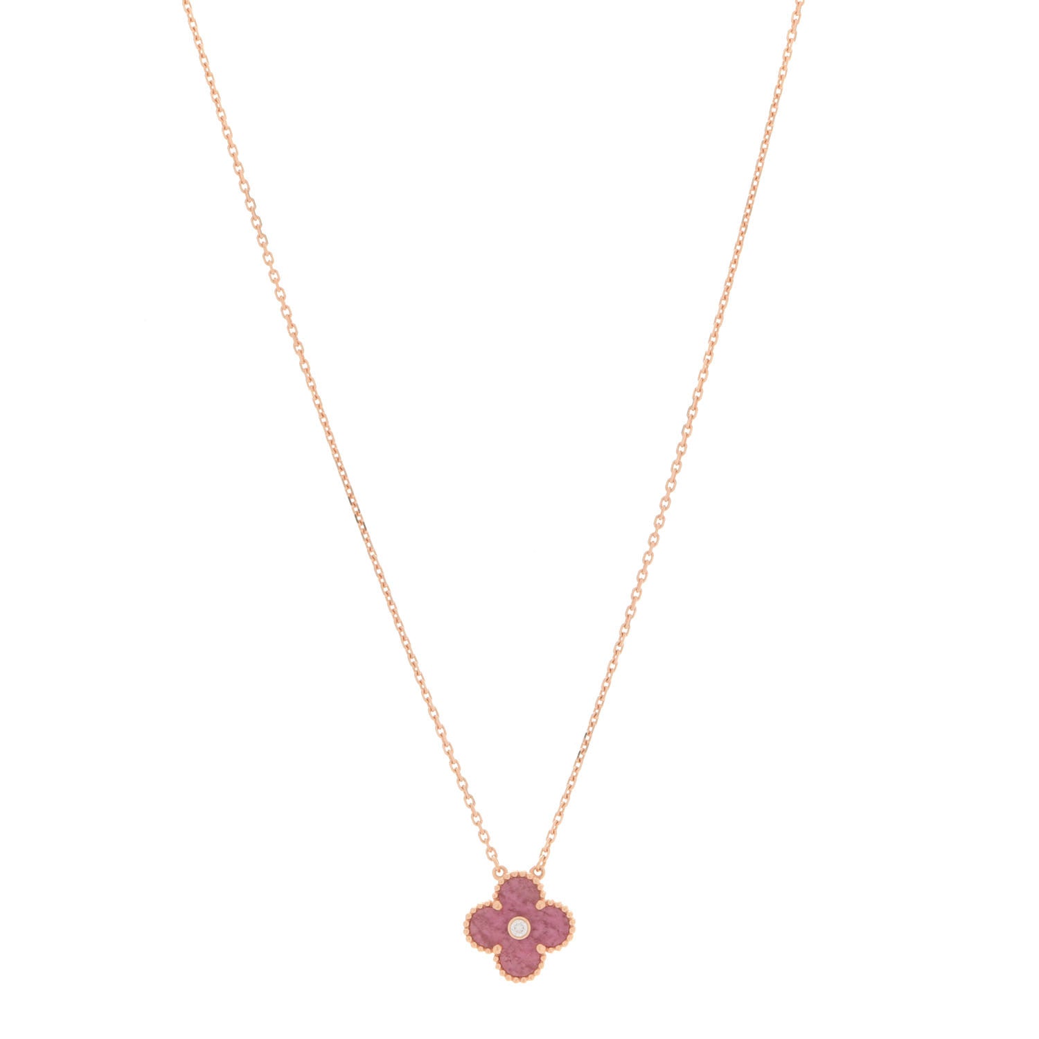 Van Cleef & Arpels 18K Rose Gold Diamond Rhodonite Vintage Alhambra Pendant Necklace 1 of 6