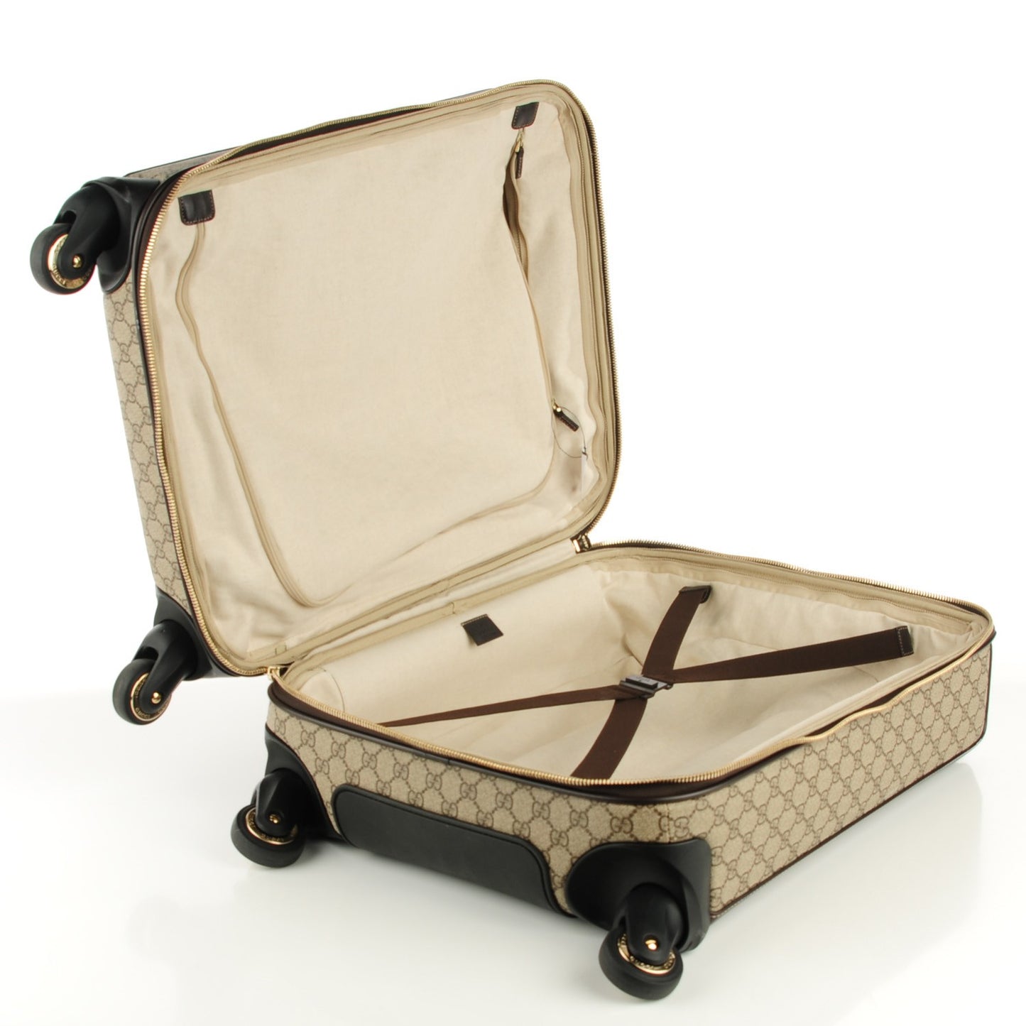 GG Supreme Monogram Selleria Calfskin Four Wheel Carry On Suitcase Beige Ebony Cocoa