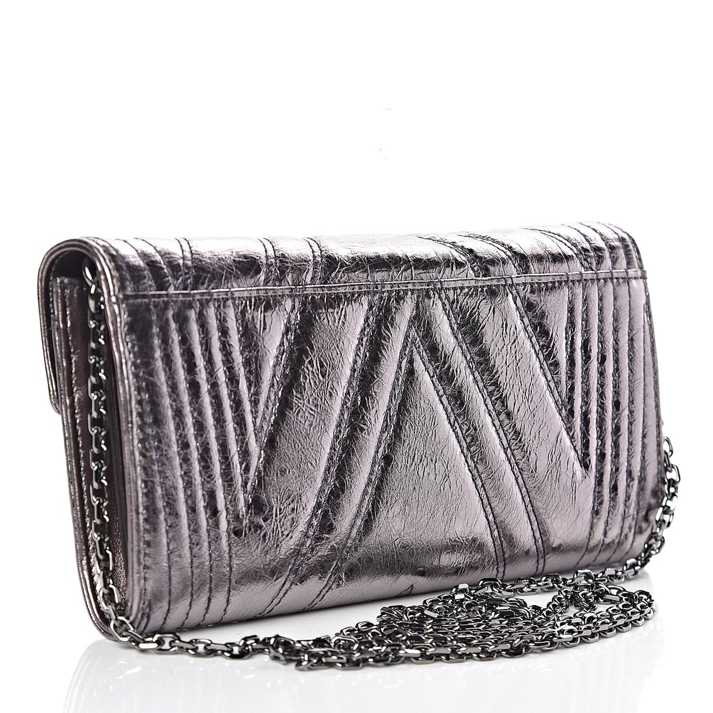 Metallic Calfskin Quilted Wallet On Chain Silver