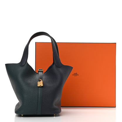 Hermes Taurillon Clemence Casaque Picotin Lock 22 MM Vert Cypres Bleu Nuit Black 11 of 11