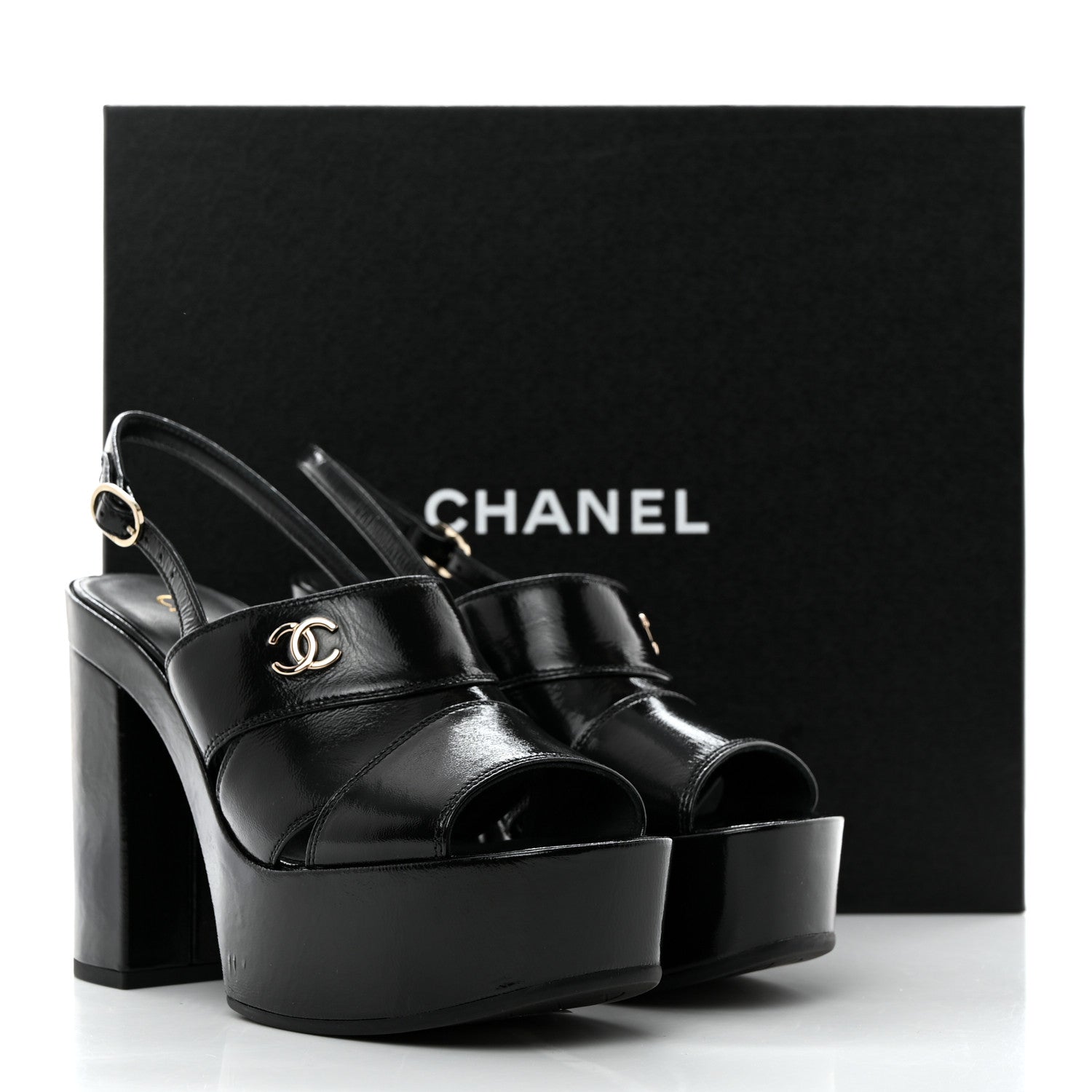 Chanel Crumpled Patent Lambskin Platform Sandals 37 Black 9 of 9