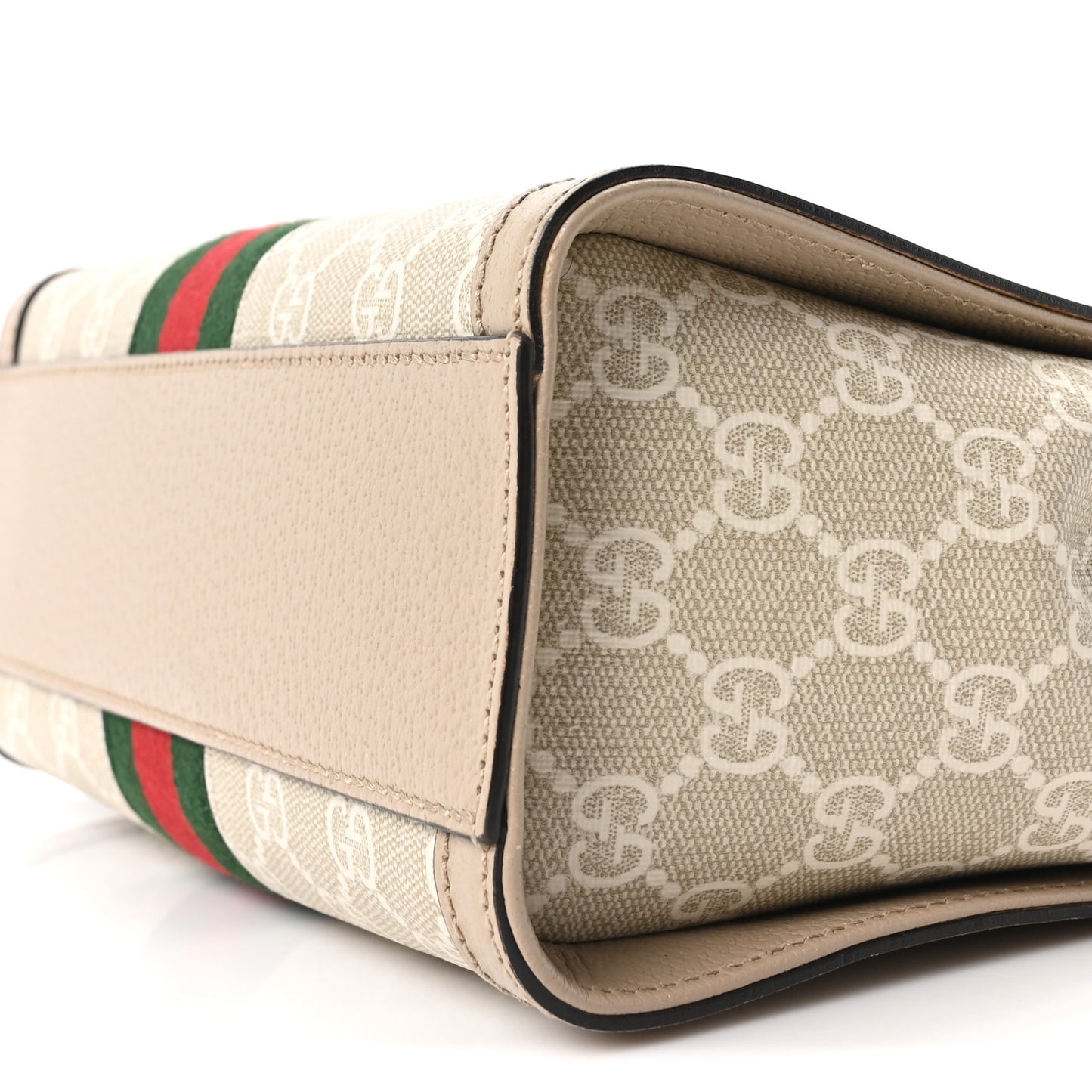 GG Supreme Monogram Textured Dollar Calfskin Web Small Ophidia Tote Bag Beige Mystic White Oatmeal