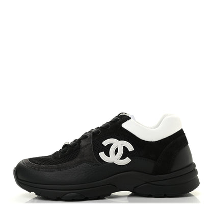 Chanel Mesh Suede Grained Calfskin Womens CC Sneakers 37 Black White 1 of 6