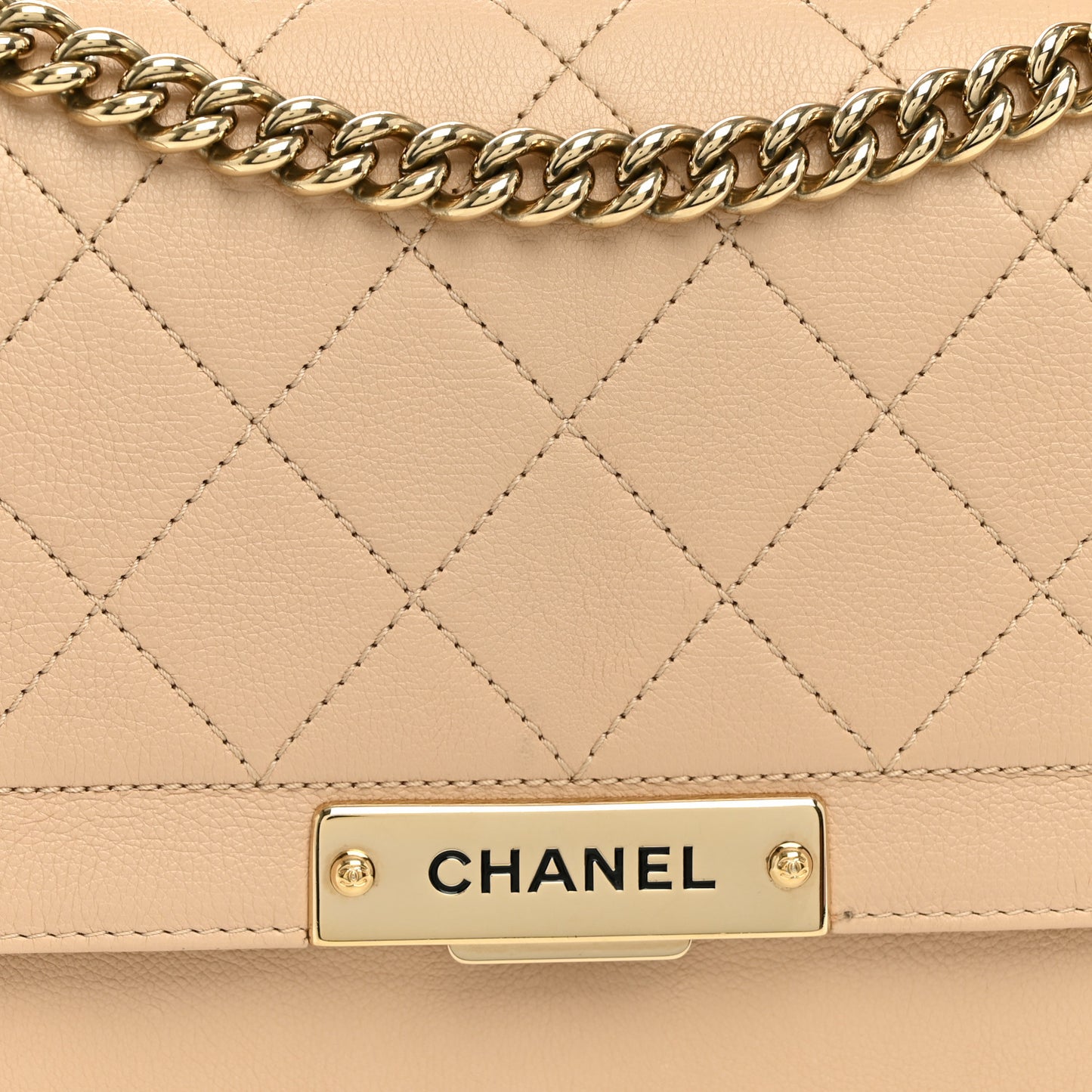 Grained Calfskin Quilted Medium Label Click Flap Bag Beige