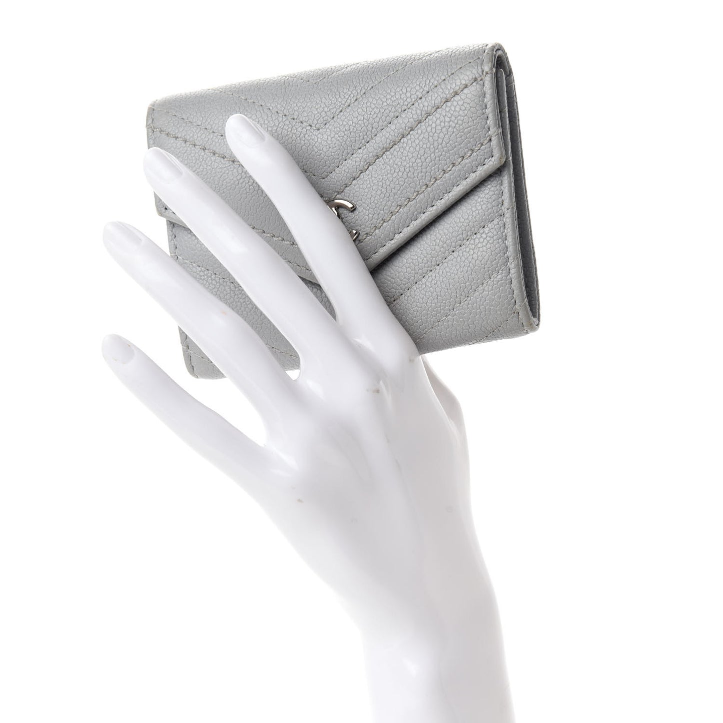 Caviar Chevron Quilted Card Holder Flap Wallet Grey