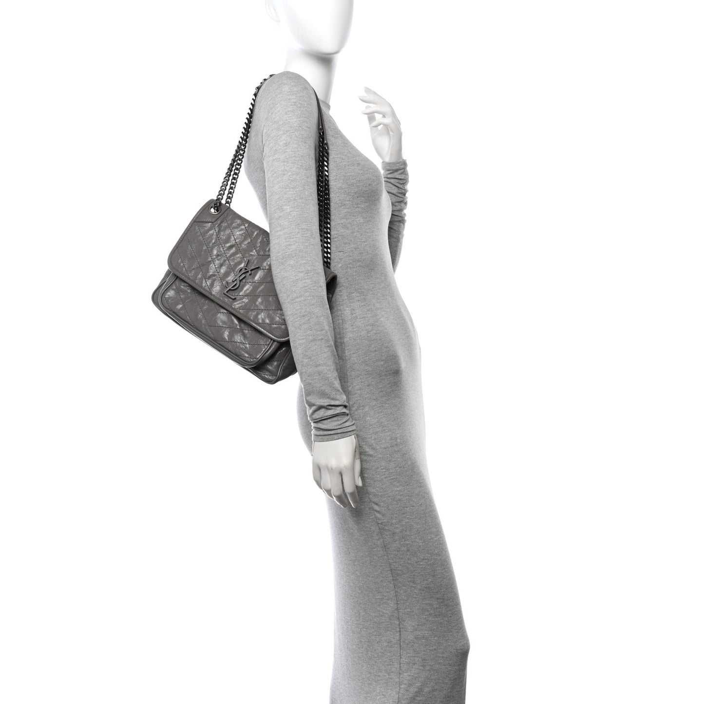 Crinkled Calfskin Matelasse Monogram Medium Niki Chain Satchel Light Gray