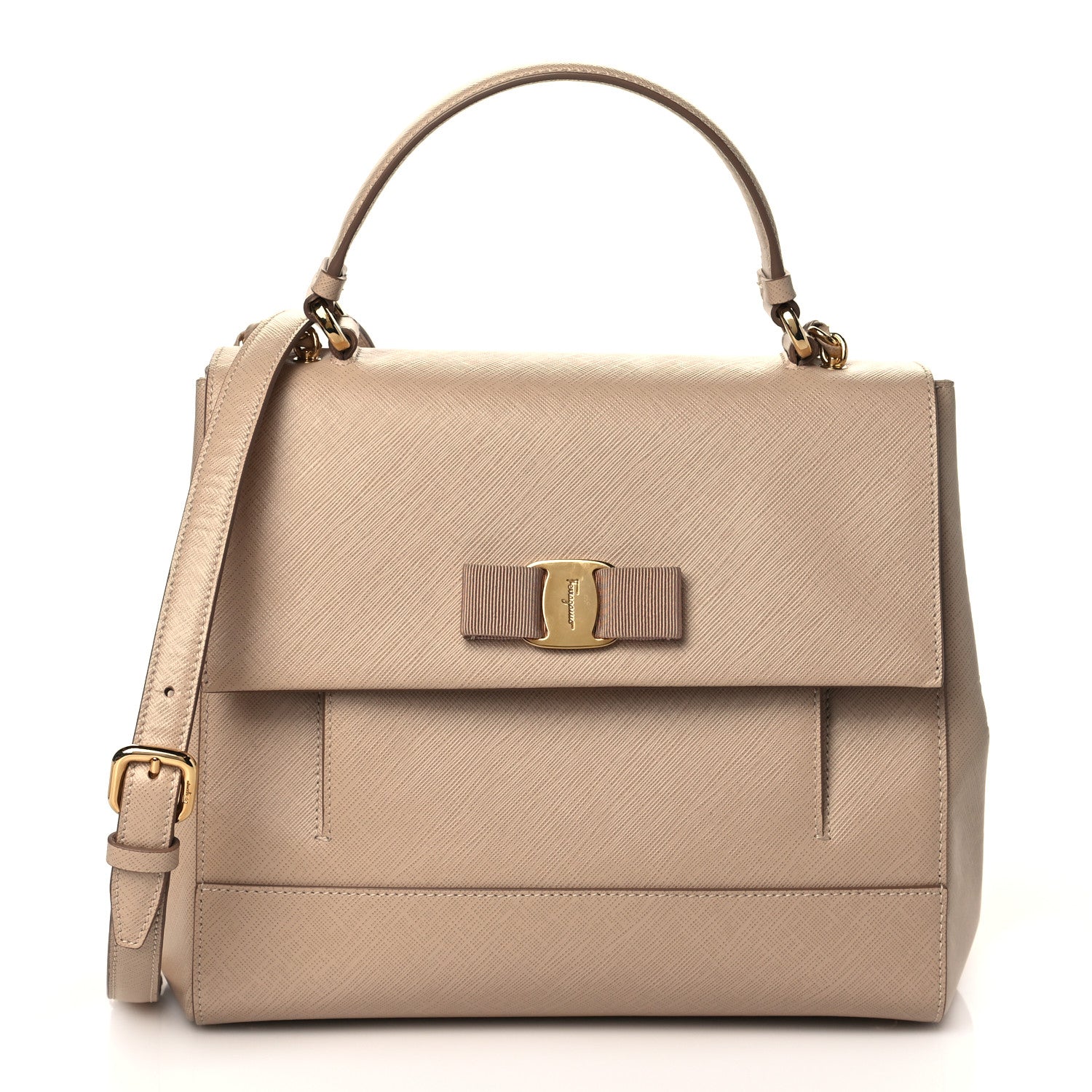 Salvatore Ferragamo Hammered Calfskin Vara Bow Top Handle Flap Bag Natural 1 of 9