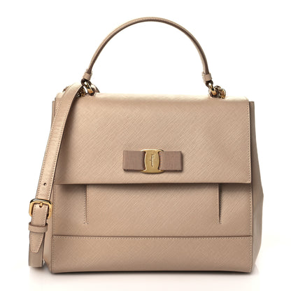 Salvatore Ferragamo Hammered Calfskin Vara Bow Top Handle Flap Bag Natural 1 of 9