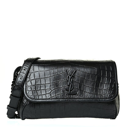 Saint Laurent Crocodile Embossed Calfskin Matelasse Monogram Baby Niki Shoulder Belt Bag Black 1 of 6