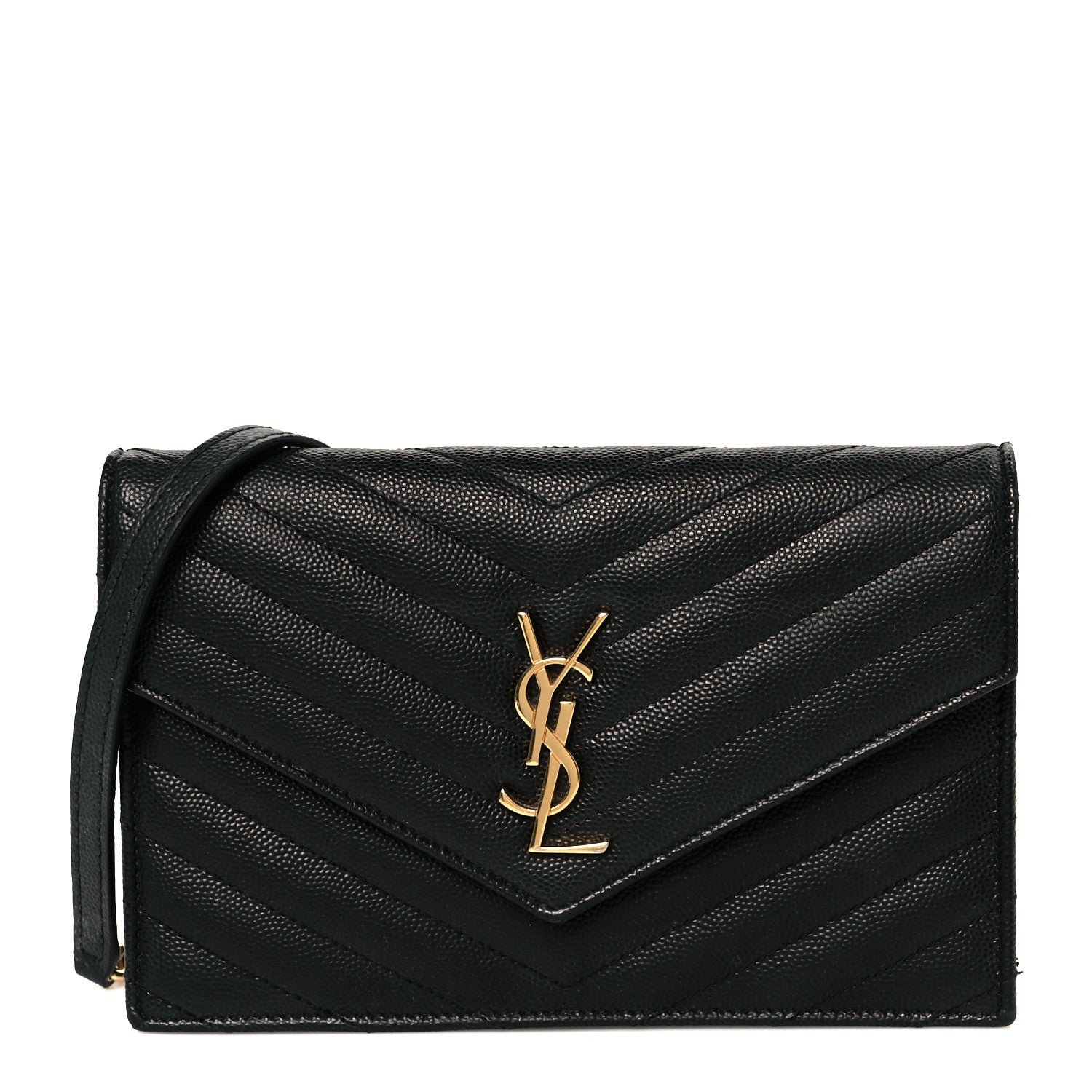 Saint Laurent Grain De Poudre Matelasse Chevron Monogram Envelope Chain Wallet Black 1 of 10