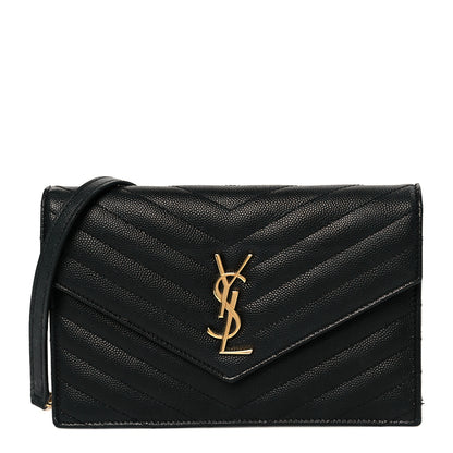 Saint Laurent Grain De Poudre Matelasse Chevron Monogram Envelope Chain Wallet Black 1 of 10