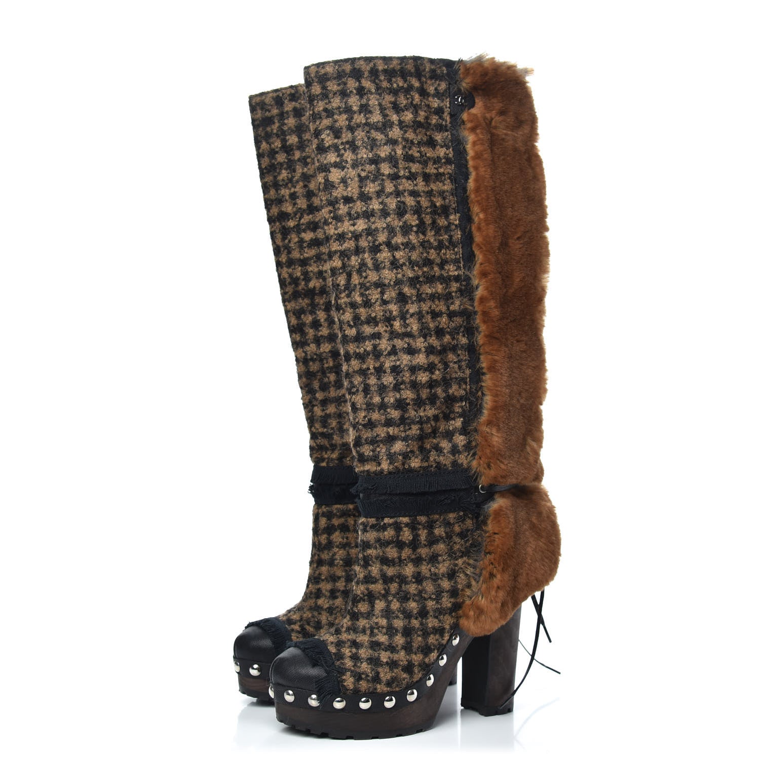 Chanel Tweed Fantasy Fur CC High Boots 38 Camel Marron 3 of 6