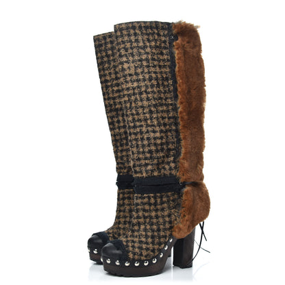 Chanel Tweed Fantasy Fur CC High Boots 38 Camel Marron 3 of 6