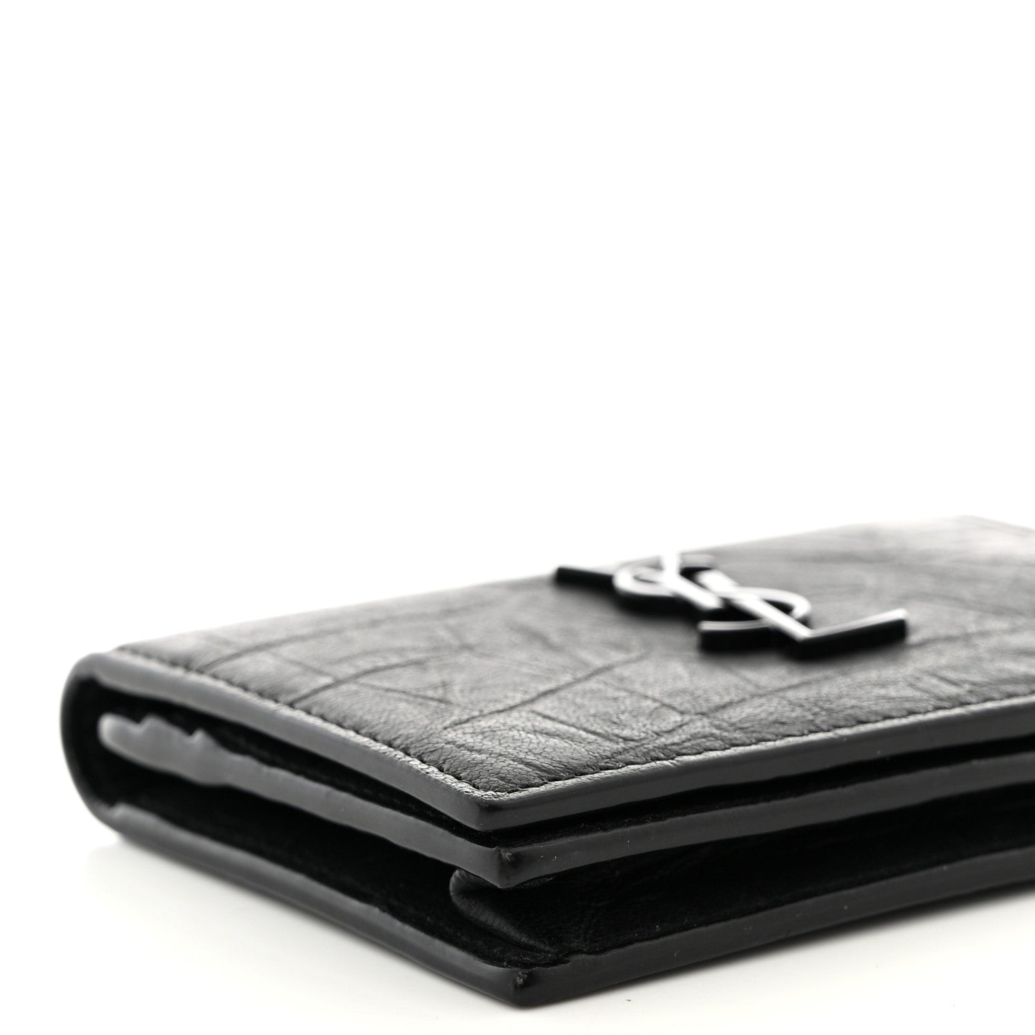 Saint Laurent Calfskin Crocodile Embossed Monogram Monochrome Business Card Holder Black 10 of 11