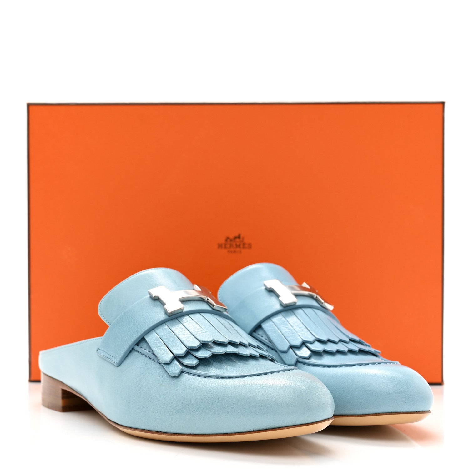 Hermes Goatskin Rivoli Mules 37.5 Bleu Dorset 11 of 11