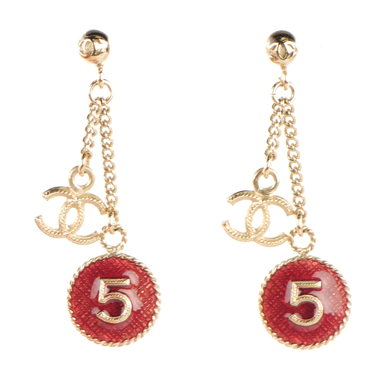 Chanel Enamel N°5 CC Drop Earrings Red Gold 1 of 4