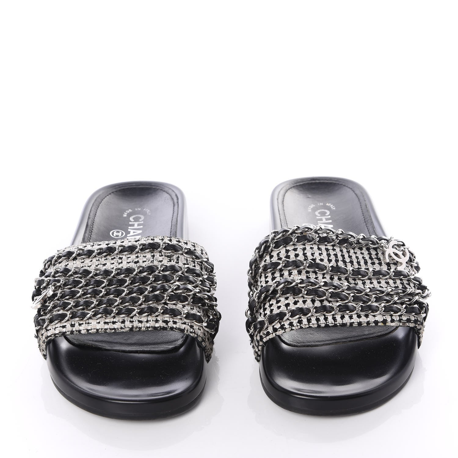Chanel Tweed Lambskin Chain Flat Sandals 37 White Black 5 of 14
