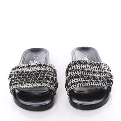 Chanel Tweed Lambskin Chain Flat Sandals 37 White Black 5 of 14