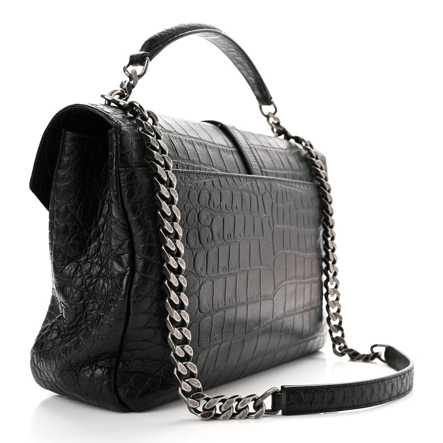 Calfskin Crocodile Embossed Monogram Large College Satchel Black