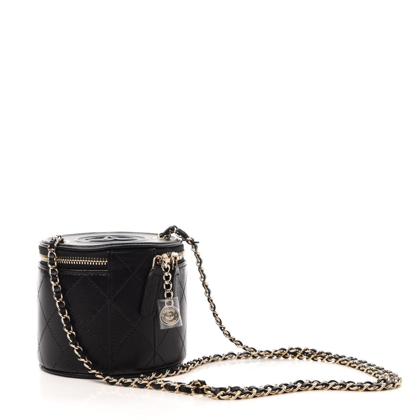 Lambskin Quilted Round Small Vanity Case With Chain Black