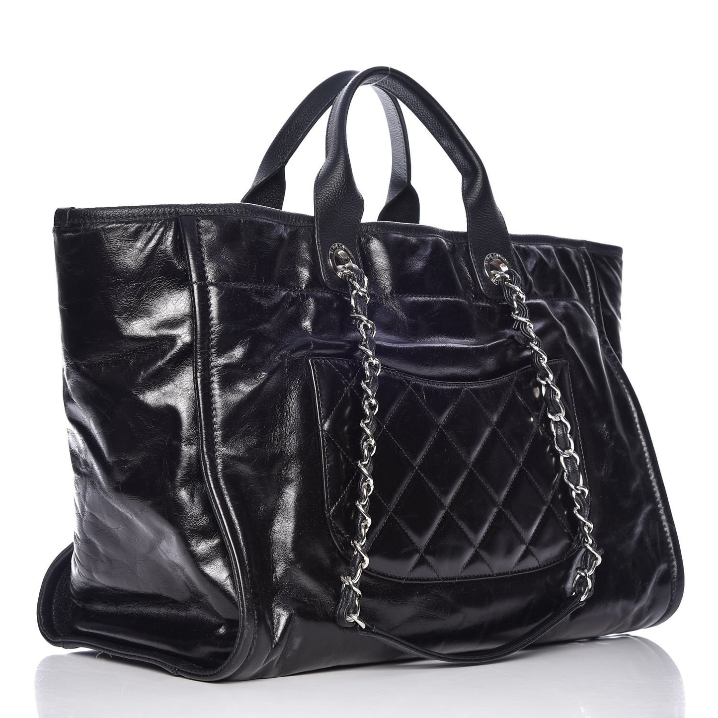 Glazed Calfskin Large Deauville Tote Black