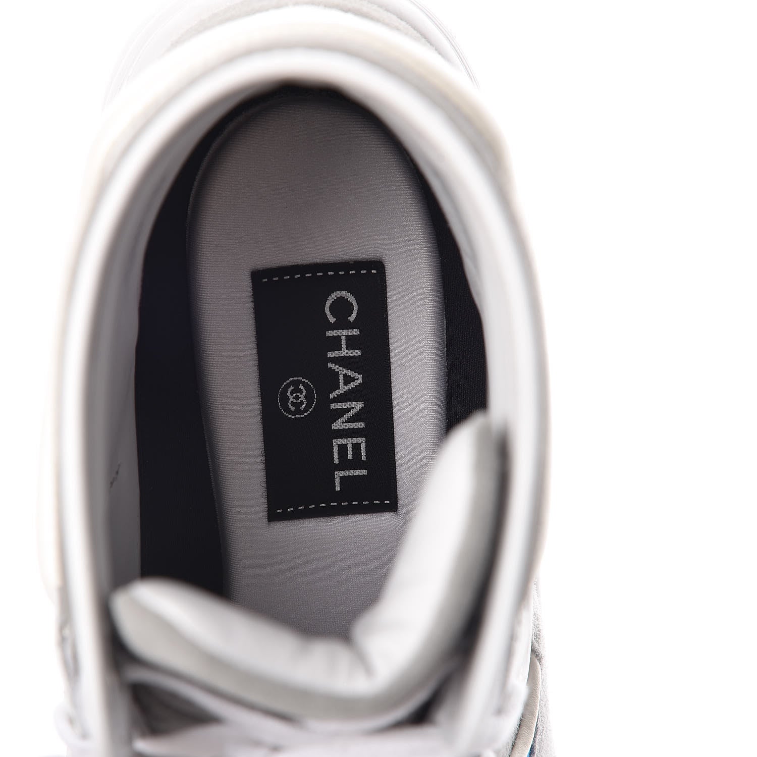 Chanel Suede Calfskin Lambskin High Top CC Sneakers 38 White Grey Fluo Blue 6 of 8