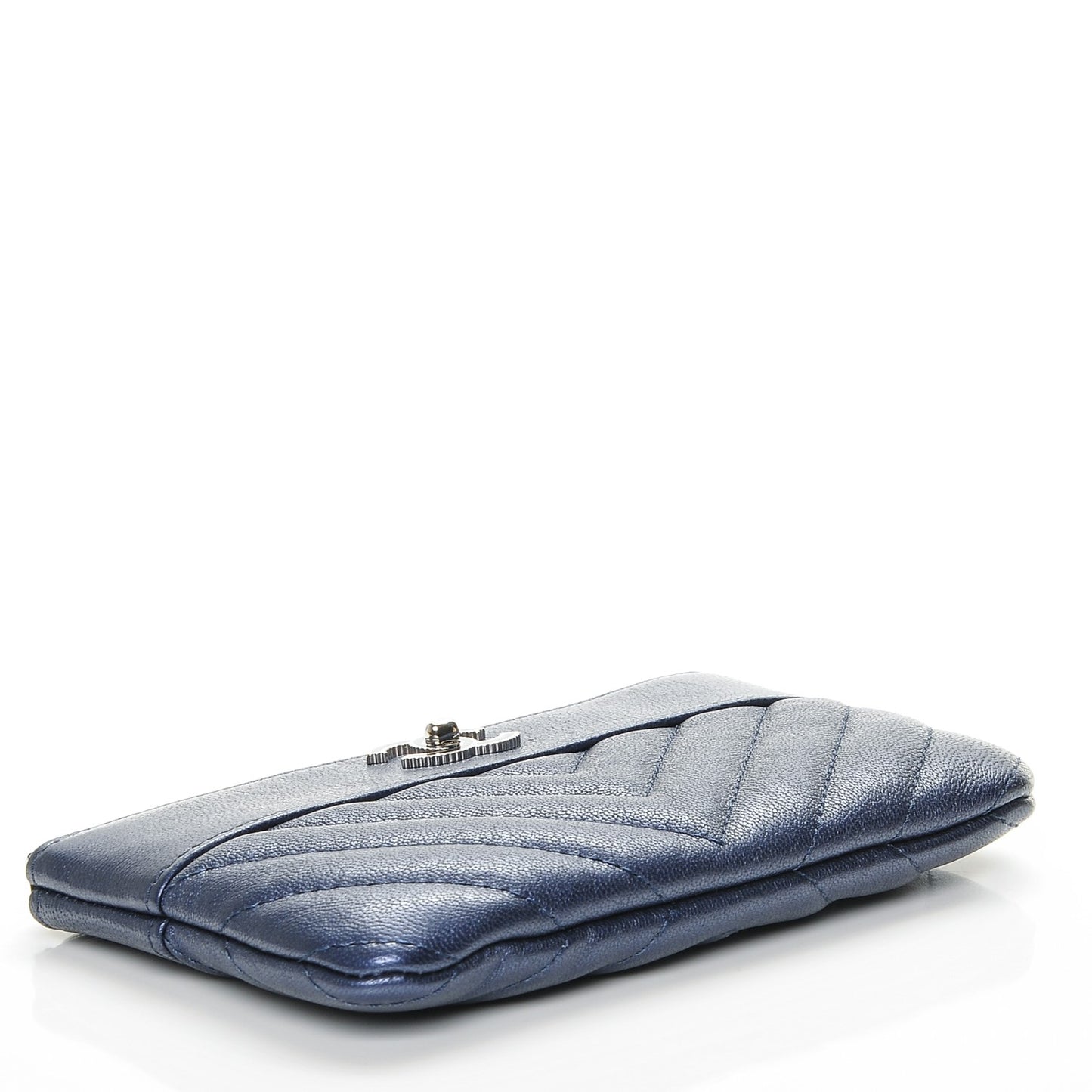 Metallic Sheepskin Chevron Quilted Small Vintage Mademoiselle Cosmetic Case Navy